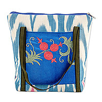 Embroidered cotton shoulder bag, 'Blue Sweetness' - Pomegranate-Themed Ikat-Patterned Blue Cotton Shoulder Bag