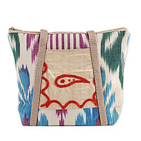 Bolso bandolera de algodón bordado, 'Adorable Ikat' - Bolso bandolera de algodón colorido con estampado de ikat con temática de almendras