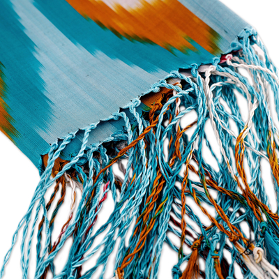 Silk scarf, 'Refreshing Uzbekistan' - Handwoven Ikat-Patterned Silk Scarf in Blue and Warm Hues