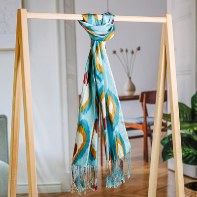 Pañuelo de seda - Bufanda de seda tejida a mano con estampado Ikat en tonos azules y cálidos