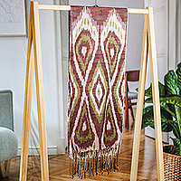 Cotton ikat scarf, 'Uzbek Style' - Hand-Woven Fringed Cotton Ikat Scarf in Green and Brown