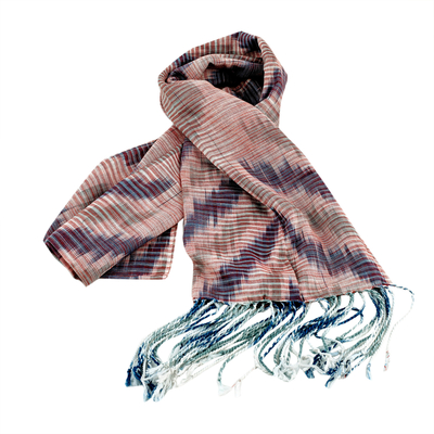 Bufanda ikat de algodón - Bufanda de Algodón Tejida a Mano con Motivos Ikat Azul y Verde