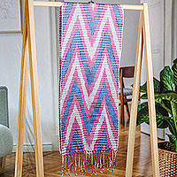 Cotton ikat scarf, 'Uzbek Fashion' - Hand-Woven Fringed Cotton Ikat Scarf in Blue Pink and White