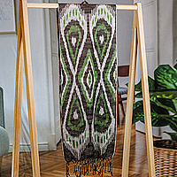 Cotton ikat scarf, 'Uzbek Appeal' - Hand-Woven Fringed Cotton Ikat Scarf in Black and Green