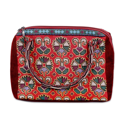 Embroidered cotton handbag, 'Red Gardens of Shahrisabz' - Floral Geometric Iroki Embroidered Red Cotton Handbag