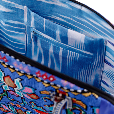 Cross stitch embroidered handbag, 'Blue Gardens of Shahrisabz' - Traditional Floral Iroki Embroidered Blue Cotton Handbag