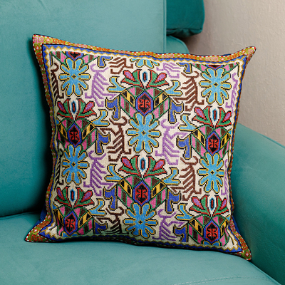 Cross stitch embroidered cushion cover, 'Shahrisabz's Eden' - Traditional Iroki Embroidered Cushion Cover in Vibrant Hues
