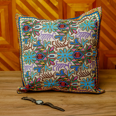 Cross stitch embroidered cushion cover, 'Shahrisabz's Eden' - Traditional Iroki Embroidered Cushion Cover in Vibrant Hues