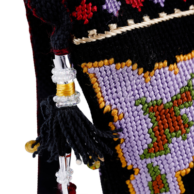 Iroki embroidered sling, 'Palatial Nights' - Traditional Iroki Embroidered Black Sling with Tassels