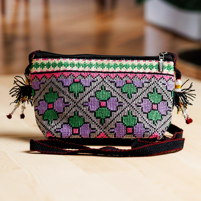 Embroidered sling, 'Desert Flower' - Iroki Embroidered Floral Sling in Purple and Green Hues