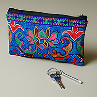 Embroidered silk cosmetic bag, 'Magic Bouquet' - Classic Floral Iroki Embroidered Blue Silk Cosmetic Bag