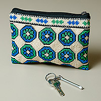 Embroidered silk cosmetic bag, 'Spring Intuition' - Iroki Embroidered Silk Cosmetic Bag in Green and Blue Hues
