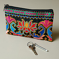 Embroidered silk cosmetic bag, 'Nocturnal Oasis' - Floral Iroki Embroidered Silk Cosmetic Bag in Black Base Hue