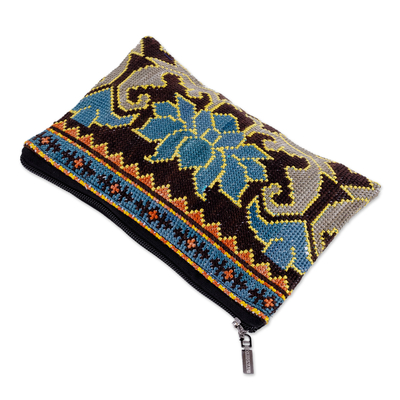 Embroidered silk cosmetic bag, 'Serene Oasis' - Floral Iroki Embroidered Silk Cosmetic Bag in Blue and Brown