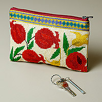 Embroidered silk cosmetic bag, 'Pomegranate Memories' - Pomegranate-Themed Iroki Embroidered Silk Cosmetic Bag