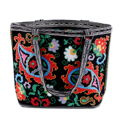 Bolso de mano bordado en punto de cruz - Bolso de mano bordado Iroki vibrante con tema de Paisley en negro