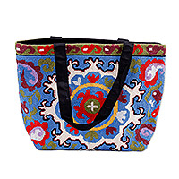 Hand embroidered handbag, 'Paisley Festival' - Paisley-Inspired Iroki Embroidered Zippered Blue Handbag