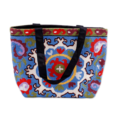 Hand embroidered handbag, 'Paisley Festival' - Paisley-Inspired Iroki Embroidered Zippered Blue Handbag