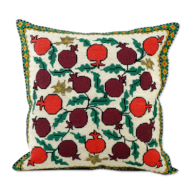 Hand-embroidered cushion cover, 'Trendy Pomegranate' - Iroki Embroidered Pomegranate Cushion Cover