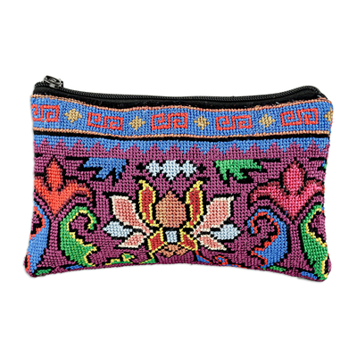 Hand-embroidered cosmetic bag, 'Cool Garden' - Suzani Hand-Embroidered Cotton Blend Floral Cosmetic Bag