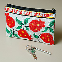 Hand-embroidered cosmetic bag, 'Cool Red Pomegranate' - Iroki Embroidered Cotton Pomegranate Cosmetic Bag