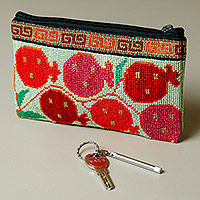 Hand-embroidered cosmetic bag, 'Cool Pomegranate Style' - Pomegranate Themed Iroki Hand-Embroidered Cosmetic Bag