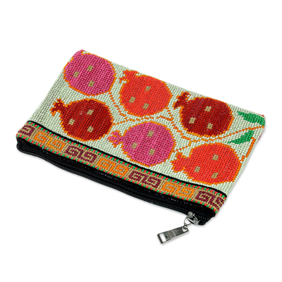 Hand-embroidered cosmetic bag, 'Cool Pomegranate Style' - Pomegranate Themed Iroki Hand-Embroidered Cosmetic Bag