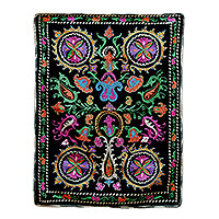 Tapiz bordado Suzani, 'Samarkand Flora' - Tapiz de mezcla de algodón con bordado floral a mano Suzani