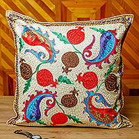Embroidered chain stitch cushion cover, 'Paisley Omens' - Paisley and Pomegranate-Themed Embroidered Cushion Cover