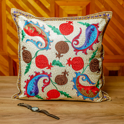 Embroidered chain stitch cushion cover, 'Paisley Omens' - Paisley and Pomegranate-Themed Embroidered Cushion Cover