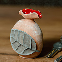 Ceramic decorative vase, 'Forest Passion' - Leafy and Spiral Ceramic Decorative Vase in Red and Brown