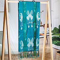 Ikat silk scarf, 'Aquatic Road' - Handloomed Green and Blue Ikat Patterned Silk Scarf