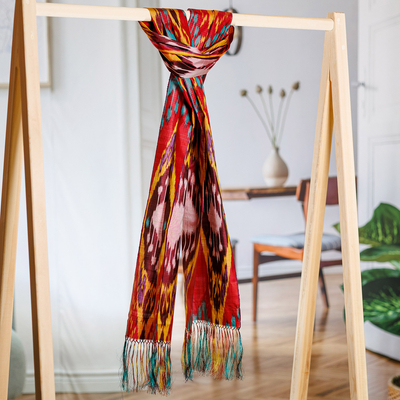 Pañuelo de seda - Bufanda de seda tradicional tejida a mano en tonos rojos y verde azulado