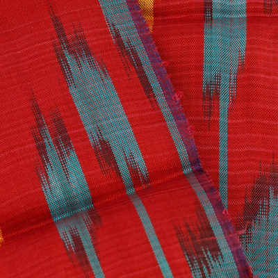Seidentuch - Handgewebter traditioneller Seidenschal in Rot- und Blaugrüntönen