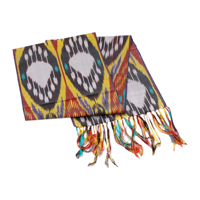 Pañuelo de seda - Bufanda de seda tradicional tejida a mano en tonos amarillos y rojos