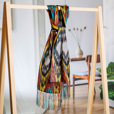 Pañuelo de seda - Bufanda de seda tradicional tejida a mano en tonos amarillos y rojos