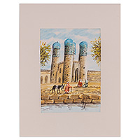 'Bukhara's Architecture IV' - Watercolor Scene of Minaret Mosque Towers in Uzbekistan