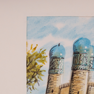 'Arquitectura de Bujará IV' - Escena de acuarela de las torres de la mezquita del minarete en Uzbekistán