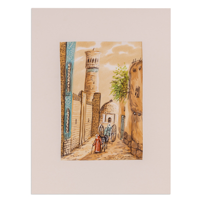 'Bukhara's Architecture I' - Watercolor Scene of Old Man & Donkey on Streets of Bukhara