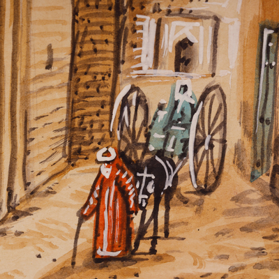 'Bukhara's Architecture I' - Watercolor Scene of Old Man & Donkey on Streets of Bukhara