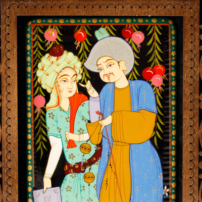 'Layla and Majnun I' - Arte popular uzbeko elaborado en estilo de pintura en miniatura lacada