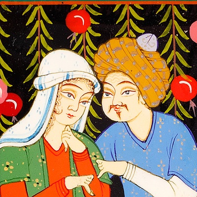 'Layla and Majnun III' - Escena en estilo de pintura en miniatura de laca tradicional uzbeko