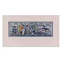 „Caravan III“ – gestrecktes traditionelles Aquarell-Caravan-Gemälde in Blau