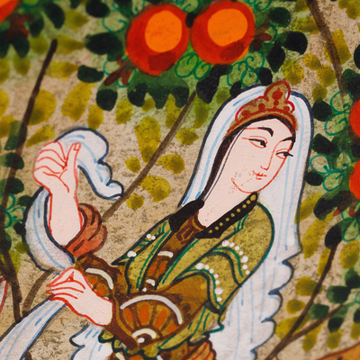„Shahrezada II“ – Volkskunst-Aquarell auf Papier, Gemälde von Frau und Hirsch