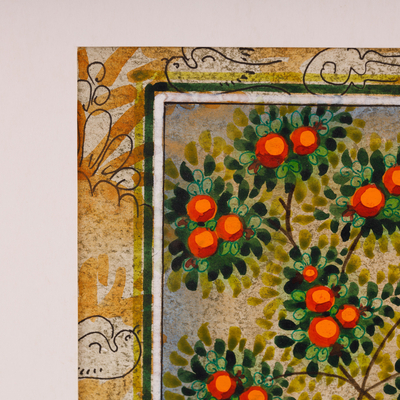 „Shahrezada II“ – Volkskunst-Aquarell auf Papier, Gemälde von Frau und Hirsch