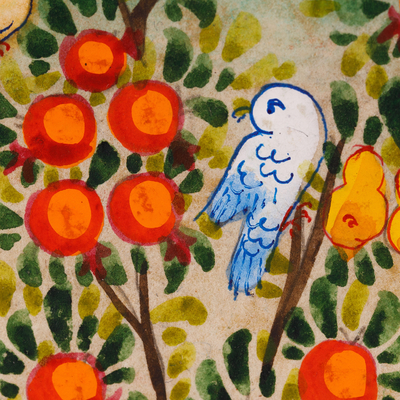 'Shahrezada III' - Folk Art Watercolour on Paper Painting of Woman and Birds