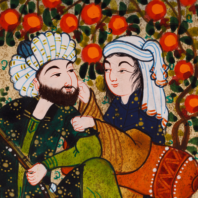 'Farhod and Shirin I' - Stretched Folk Art Watercolour Painting of Couple in Nature