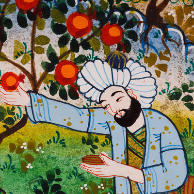 'Farhod and Shirin II' - Folk Art Watercolor Painting of Couple and Pomegranates