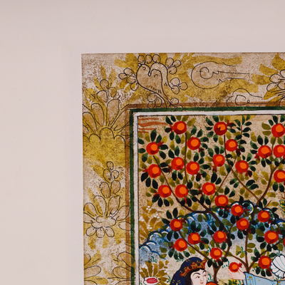 'Farhod und Shirin II' - Volkskunst-Aquarellmalerei von Paar und Granatäpfeln