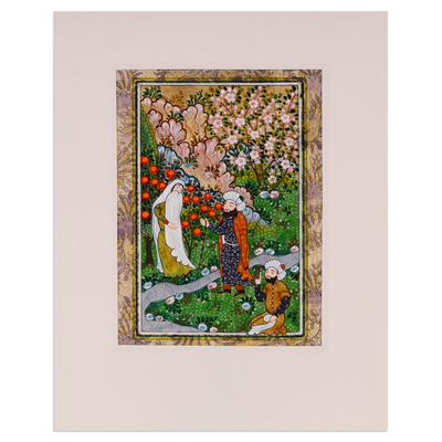 „Farhod und Shirin III“ – Gestreckte Volkskunst-Aquarellmalerei von Paar und Bach